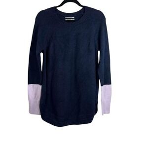 Anthropologie Navy Blue Colorblock Tunic Sweater Purple Cuffs Size M